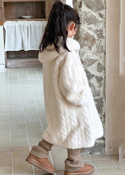 Unique White Button Kids Mink Velvet Maxi Hooded Coat Winter