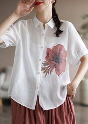 Unique White Button Peter Pan Collar Linen Shirt Tops Short Sleeve