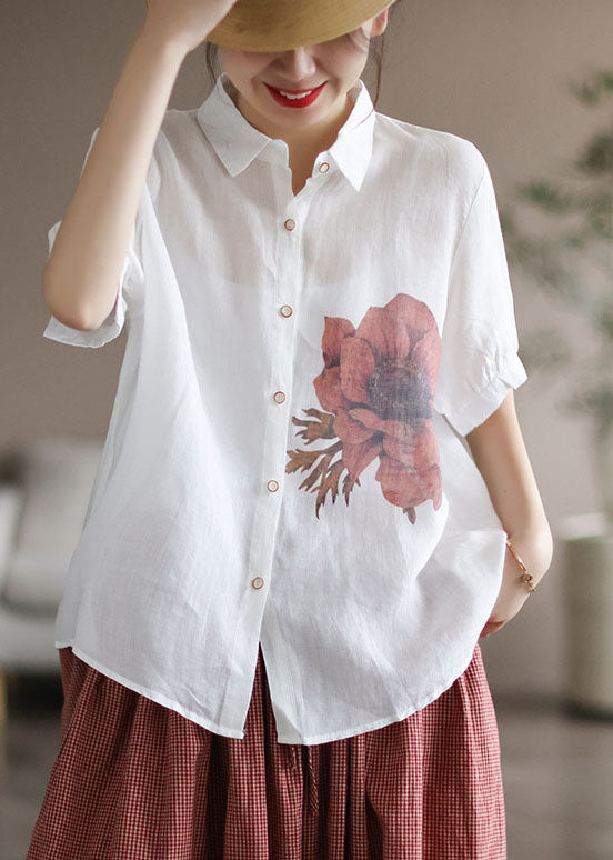 Unique White Button Peter Pan Collar Linen Shirt Tops Short Sleeve