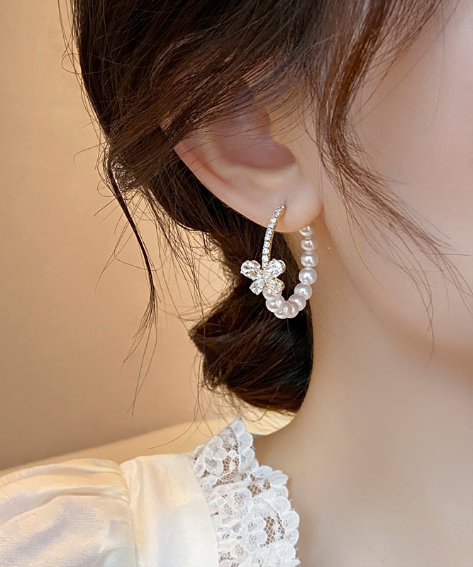 Unique White Copper Alloy Zircon Butterfly Pearl Hoop Earrings