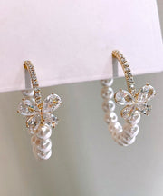 Unique White Copper Alloy Zircon Butterfly Pearl Hoop Earrings