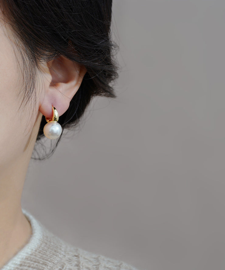 Unique White Copper Overgild Pearl Stud Earrings