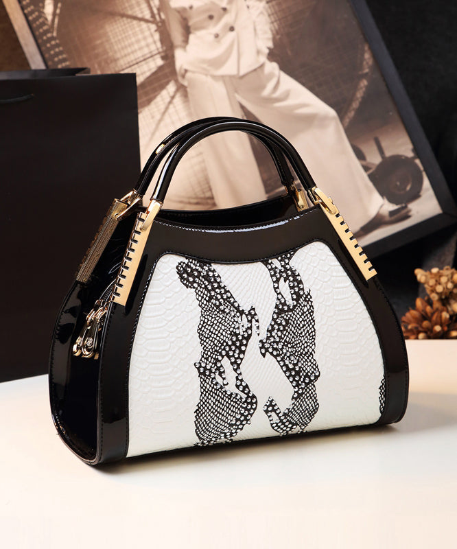 Unique White Embossed Zircon Calf Leather Tote Handbag