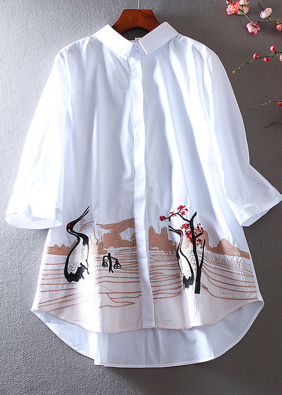 Unique White Embroidered Cotton Shirt Top Bracelet Sleeve