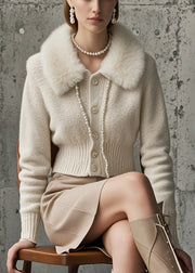 Unique White Faux Rabbit Hair Collar Thick Woolen Coat Outwear Winter