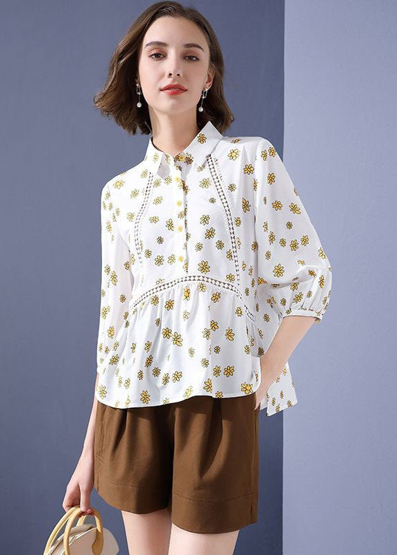 Unique White Hollow Out Patchwork Print Chiffon Blouse Tops Bracelet Sleeve