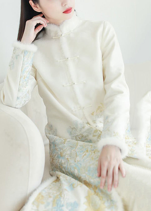 Unique White Jacquard Patchwork Mink Hair Fine Cotton Filled Trench Coat Winter