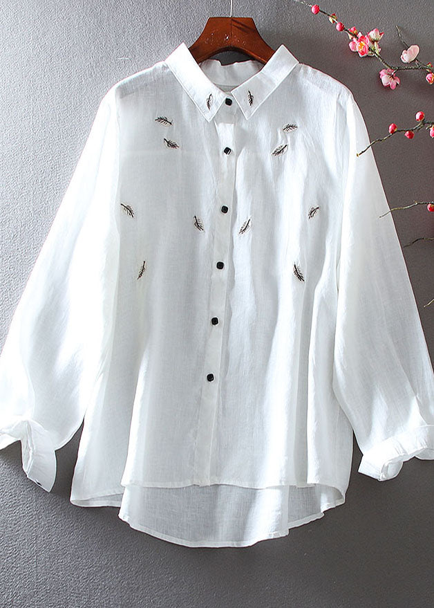 Unique White Leaf Embroidered Cotton Shirt Tops Spring