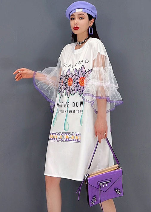 Unique White O-Neck Tulle Original Print Patchwork Mid Dress Flare Sleeve