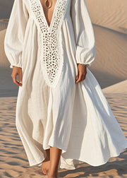 Unique White Oversized Hollow Out Cotton Maxi Dress Fall