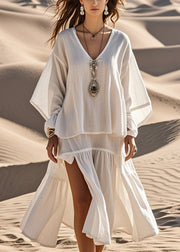 Unique White Oversized Side Open Cotton Maxi Dress Fall