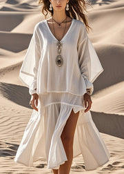 Unique White Oversized Side Open Cotton Maxi Dress Fall