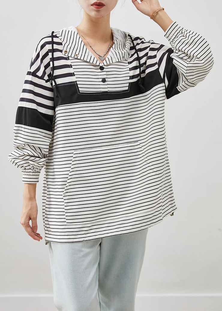 Unique White Oversized Striped Cotton Pullover Sweatshirt Fall