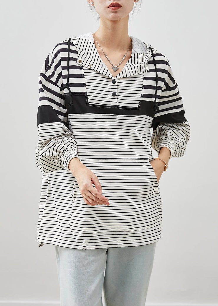 Unique White Oversized Striped Cotton Pullover Sweatshirt Fall