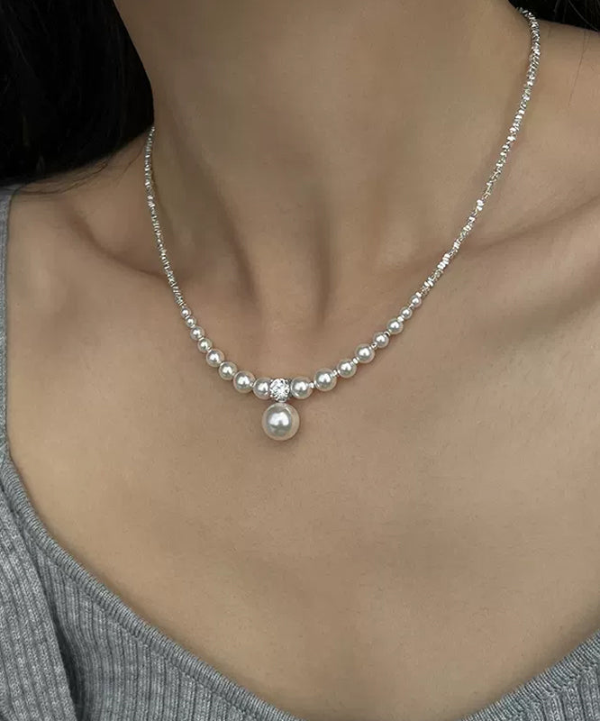 Unique White Pearl Zircon Broken Silver Pendant Necklace