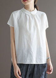 Unique White Peter Pan Collar Button Patchwork Linen Top Summer