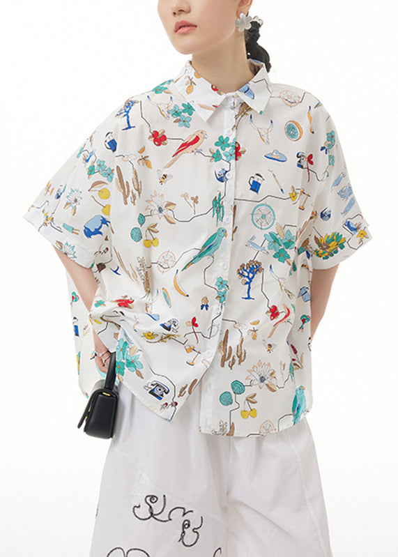 Unique White Peter Pan Collar Print Button Cotton Shirt Short Sleeve