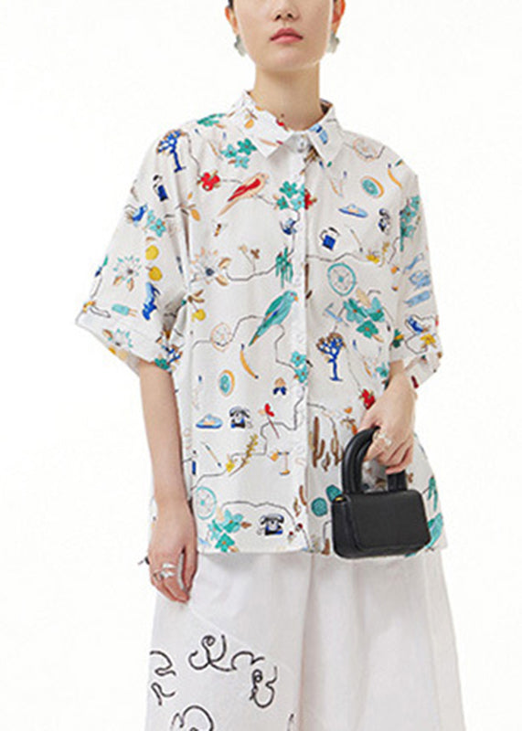 Unique White Peter Pan Collar Print Button Cotton Shirt Short Sleeve