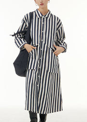 Unique White Peter Pan Collar Striped Pockets Patchwork Cotton Shirts Dress Spring