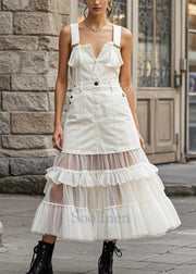 Unique White Ruffled Patchwork Tulle Denim Dress Summer