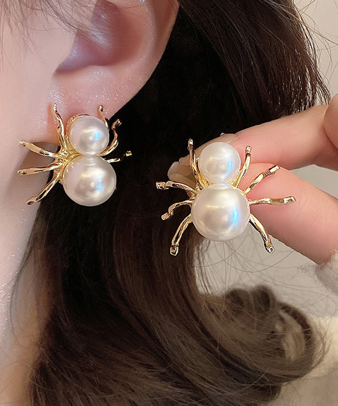 Unique White Sterling Silver Alloy Pearl Spider Stud Earrings