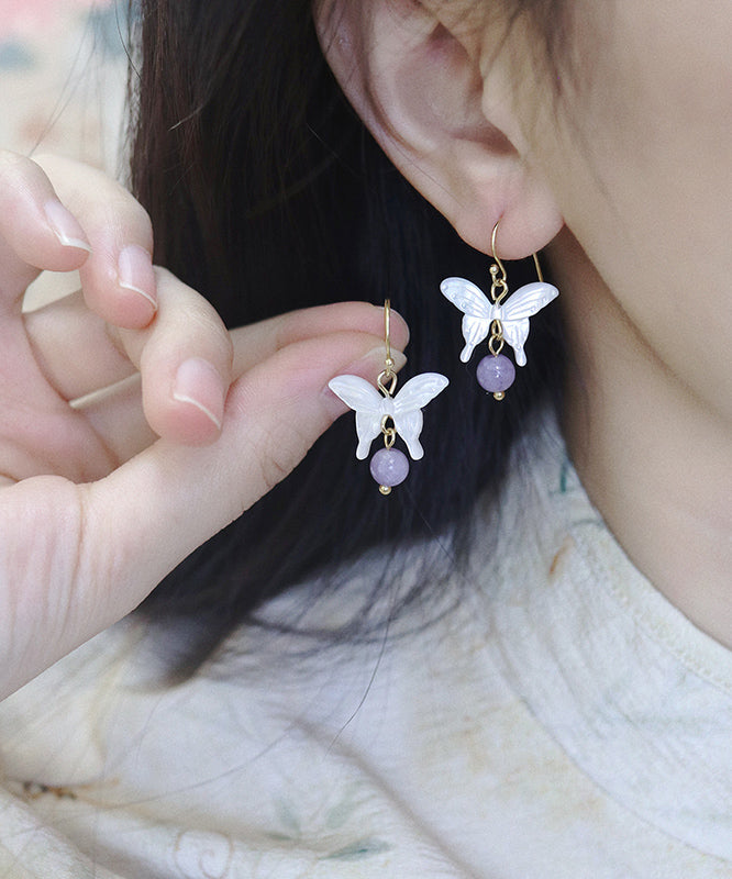 Unique White Sterling Silver Overgild Gem Stone Butterfly Drop Earrings