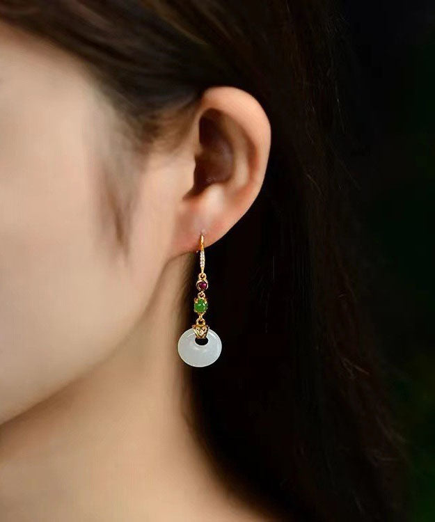 Unique White Sterling Silver Overgild Inlaid Jade Drop Earrings