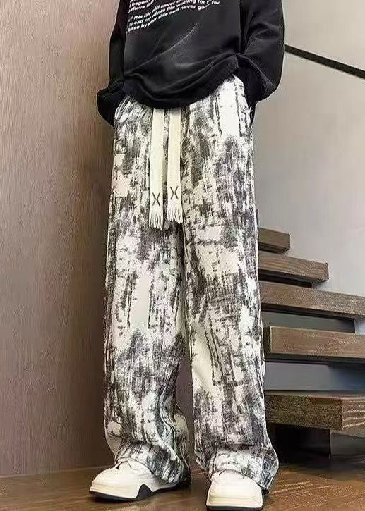 Unique White Tie Dye Elastic Waist Corduroy Men Pants Spring