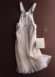 Unique White Tulle Patchwork Denim Strap Dress Summer