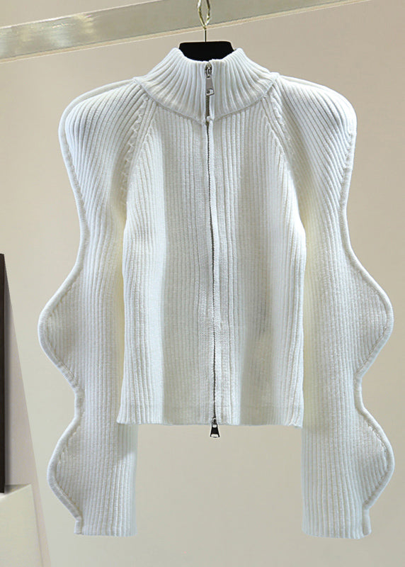 Unique White Turtleneck Asymmetrical Ruffled Zippered Cotton Knit Sweater Winter