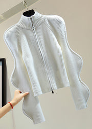 Unique White Turtleneck Asymmetrical Ruffled Zippered Cotton Knit Sweater Winter