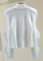 Unique White Turtleneck Asymmetrical Ruffled Zippered Cotton Knit Sweater Winter