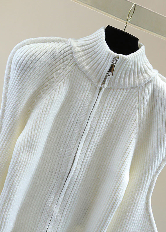 Unique White Turtleneck Asymmetrical Ruffled Zippered Cotton Knit Sweater Winter