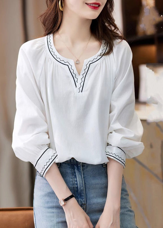 Unique White V Neck Embroidered Patchwork Shirts Fall
