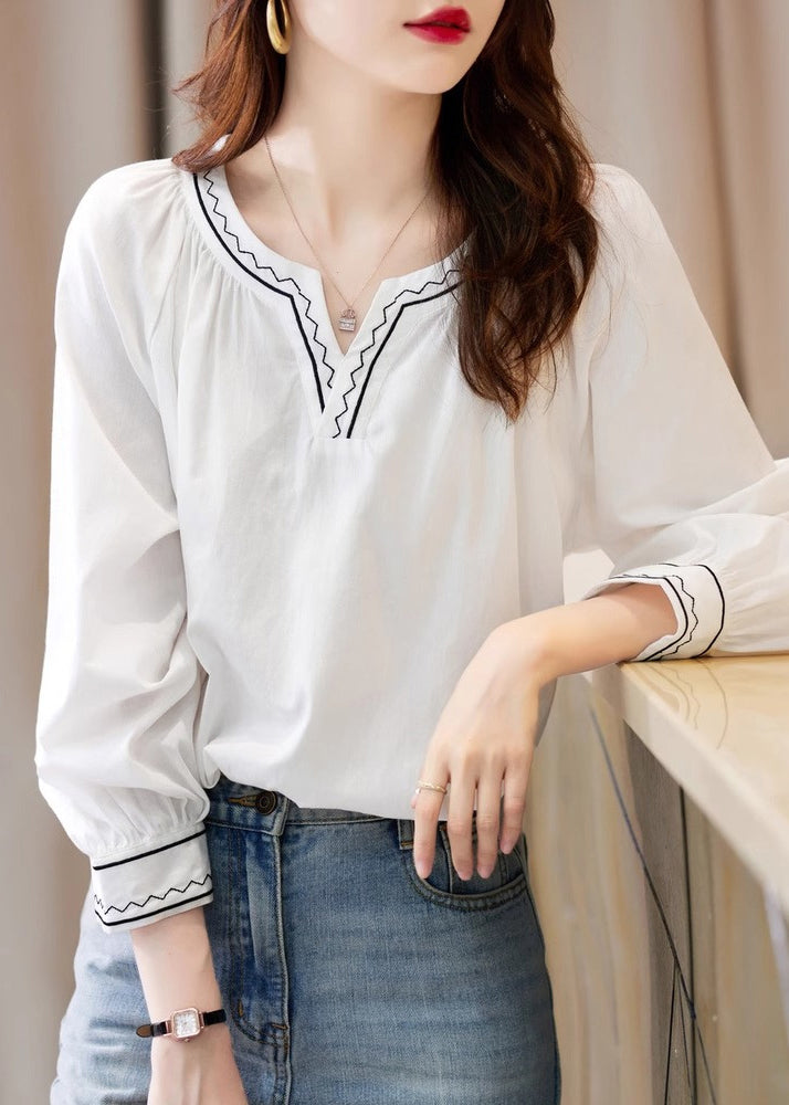 Unique White V Neck Embroidered Patchwork Shirts Fall