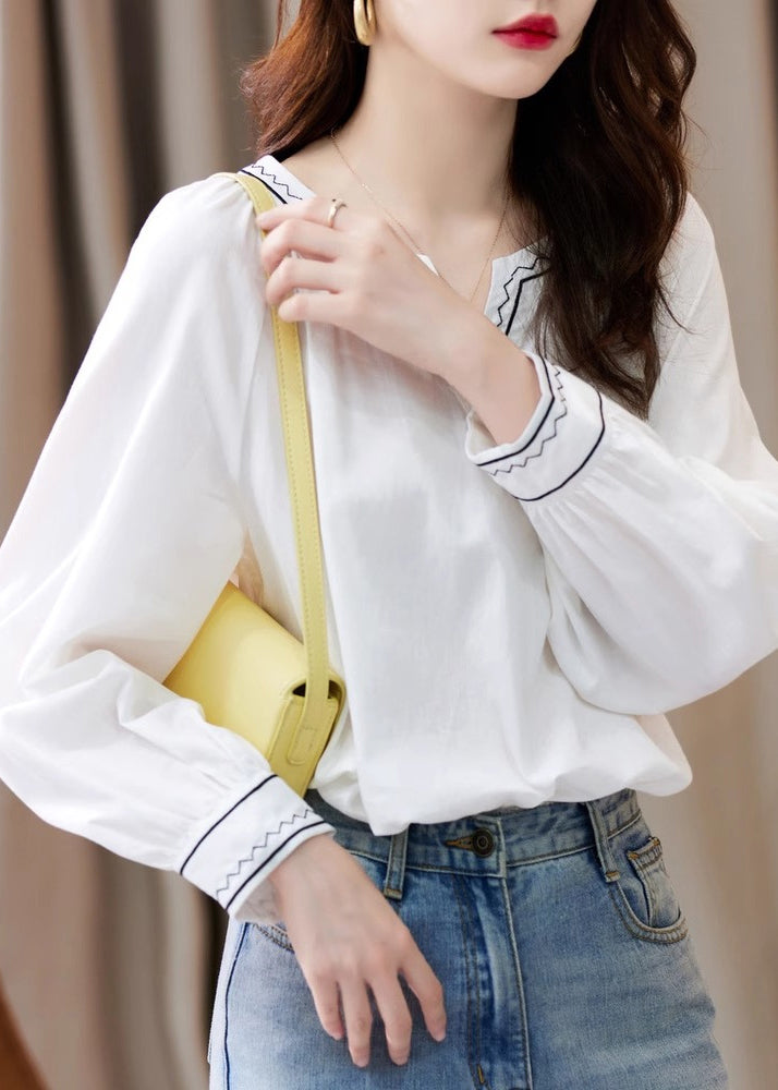 Unique White V Neck Embroidered Patchwork Shirts Fall