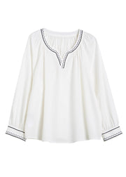 Unique White V Neck Embroidered Patchwork Shirts Fall