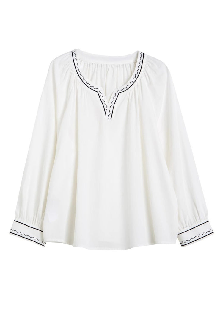 Unique White V Neck Embroidered Patchwork Shirts Fall