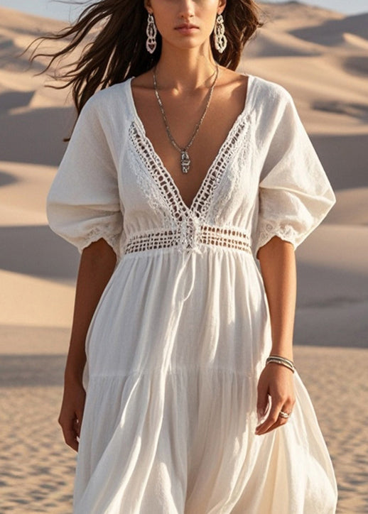 Unique White V Neck Hollow Out Cotton Maxi Dresses Summer