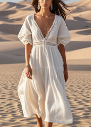 Unique White V Neck Hollow Out Cotton Maxi Dresses Summer