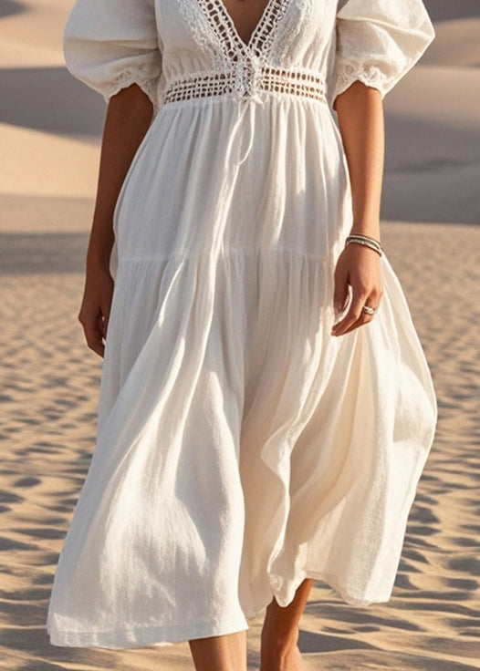 Unique White V Neck Hollow Out Cotton Maxi Dresses Summer