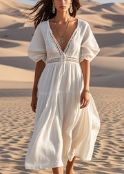 Unique White V Neck Hollow Out Cotton Maxi Dresses Summer