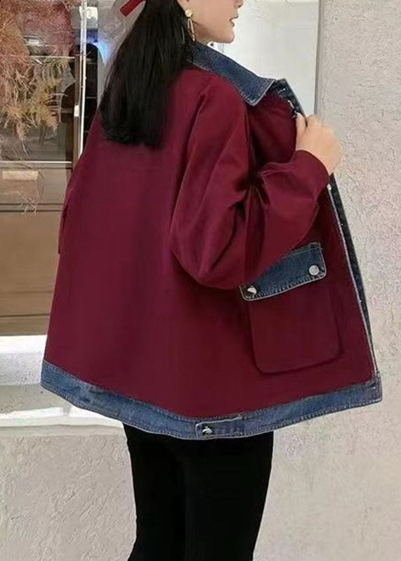 Unique Wine Red Peter Pan Collar Zippered Denim Patchwork Pockets Coats Fall