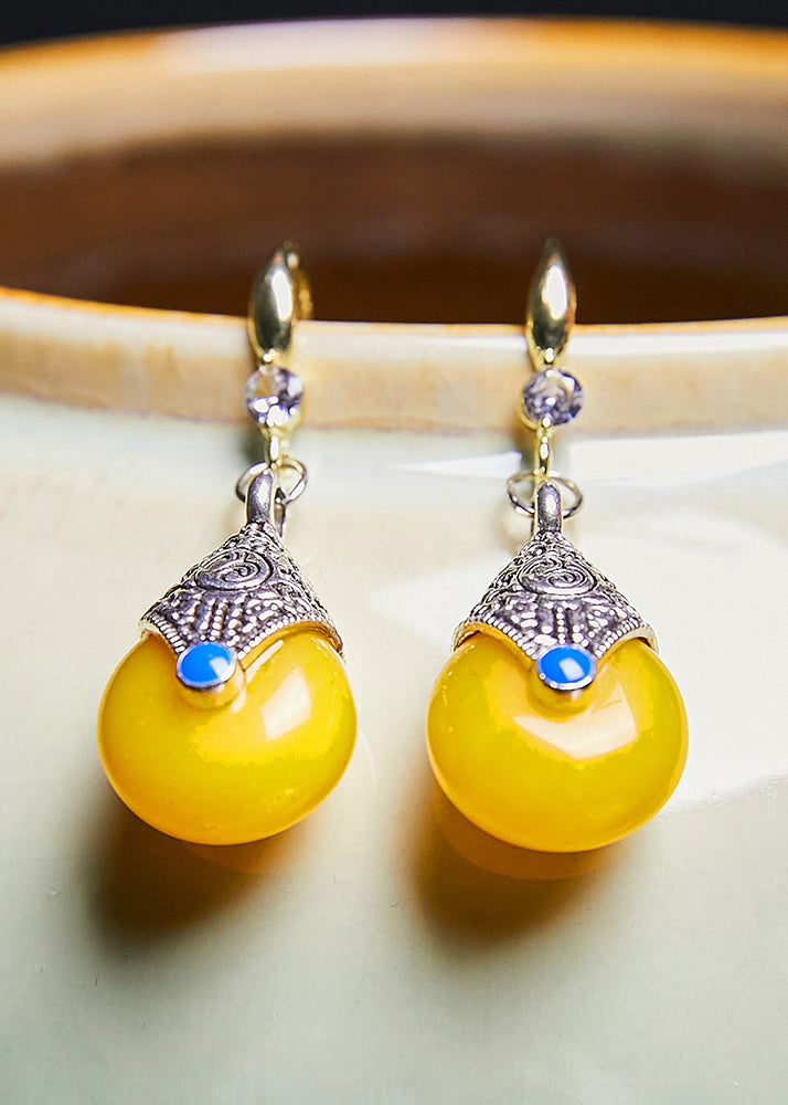 Unique Yellow Beeswax Zircon Drop Earrings