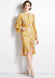 Unique Yellow Cinched Print Chiffon Fishtail Dresses Lantern Sleeve