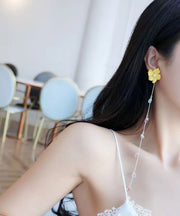 Unique Yellow Crystal Floral Tassel Drop Earrings