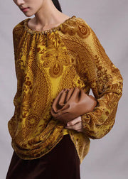 Unique Yellow Drawstring Jacquard Silk Velour Top Spring