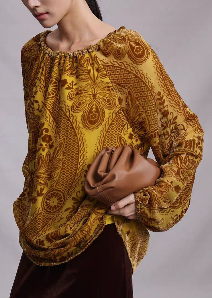 Unique Yellow Drawstring Jacquard Silk Velour Top Spring