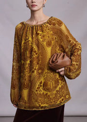 Unique Yellow Drawstring Jacquard Silk Velour Top Fall