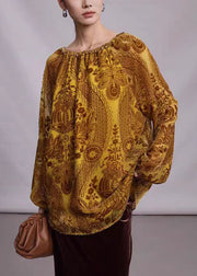 Unique Yellow Drawstring Jacquard Silk Velour Top Spring